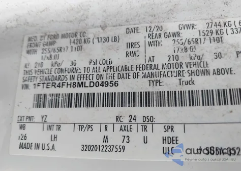 2021 Ford Ranger Xlt z USA, uszkodzony, nr VIN 1FTER4FH8MLD04956